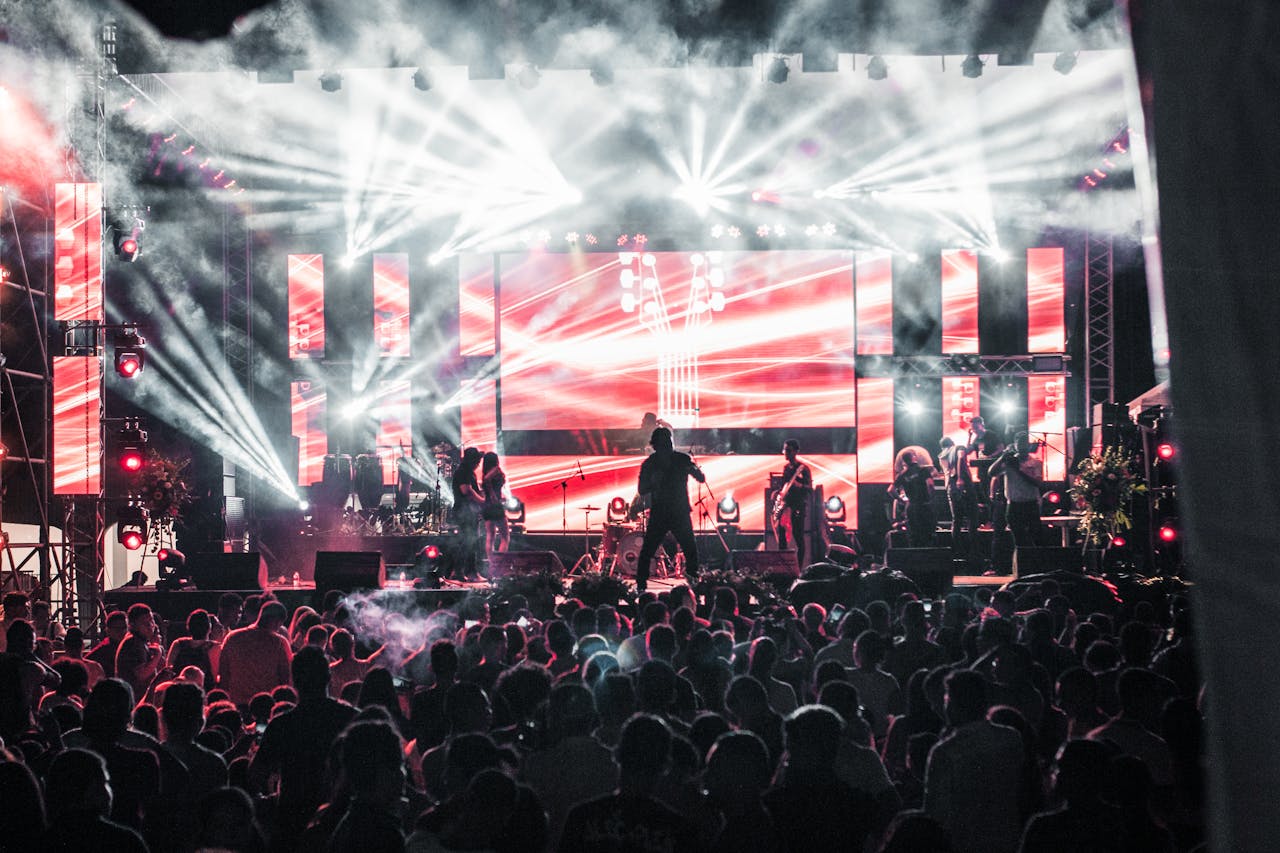 journey Energetic live music concert featuring performers on a vibrant stage, captivating a large audience.